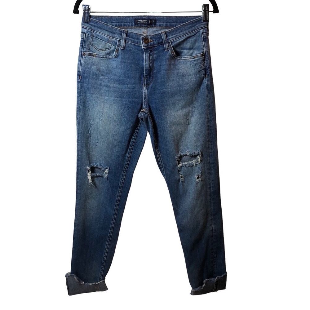 Zara Basic Z1975 Denim Cropped Jeans Womens Size 4 Distressed Knee Medium Wash